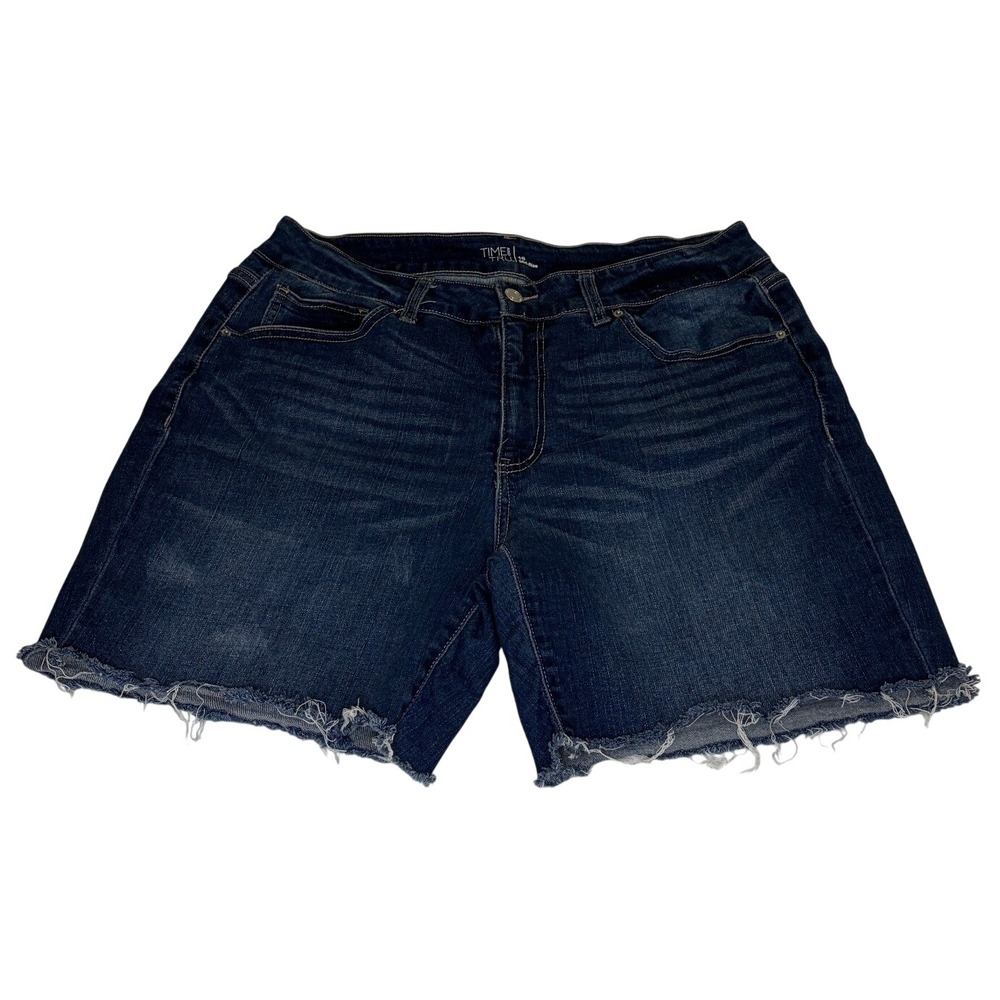Time and Tru Mid-Rise Denim Shorts Dark Wash Raw Hem Size 16 Blue Stretch